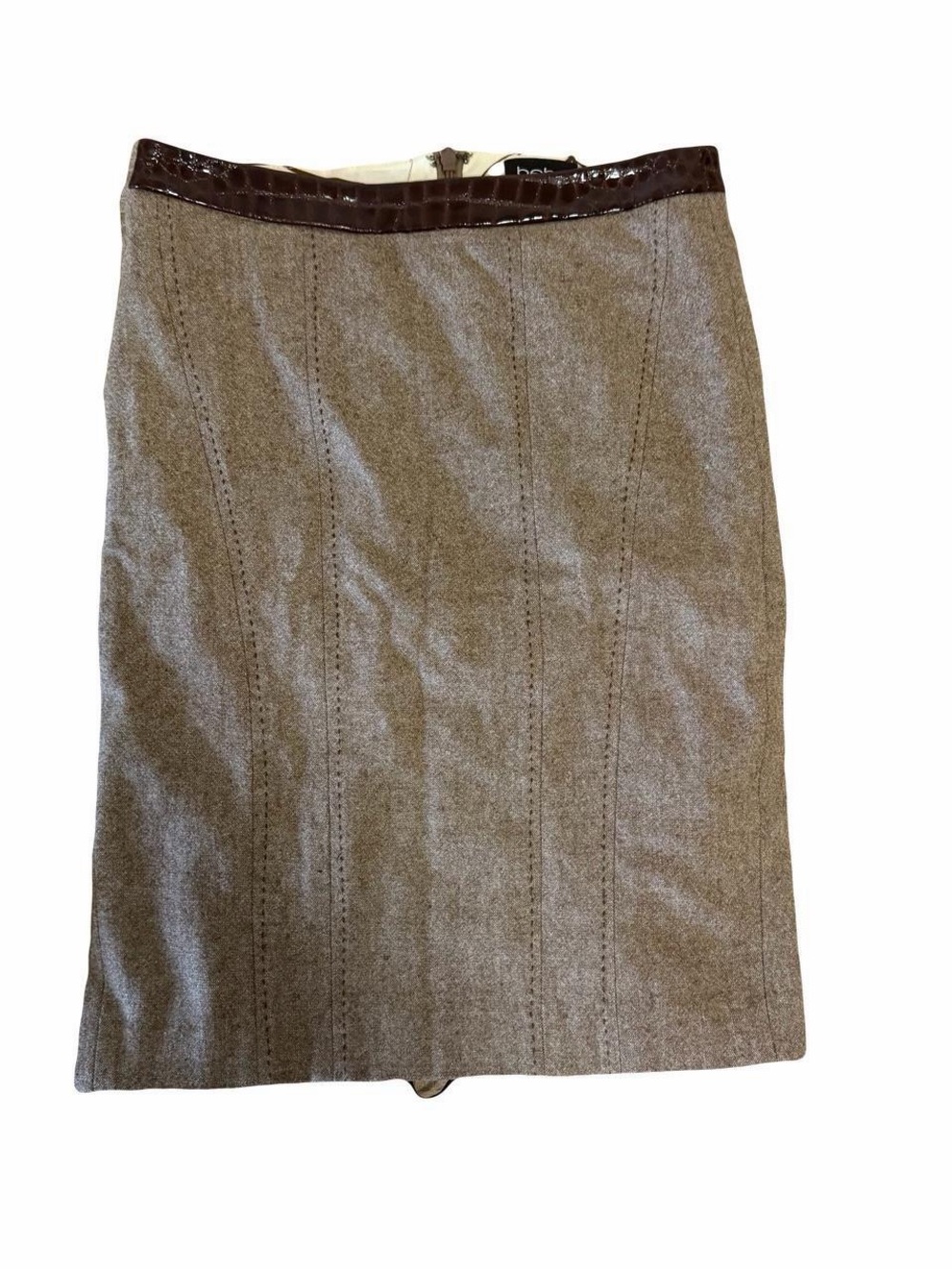 bebe Brown Tweed Pencil Skirt with Dark Brown Faux Leather Waistband